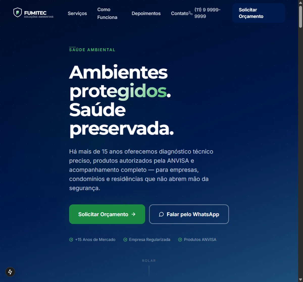 Página inicial do site da FUMITEC Soluções Ambientais